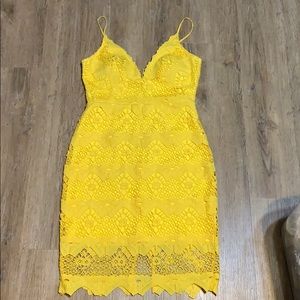 Lulu’s Yellow Midi Lace Overlay dress
